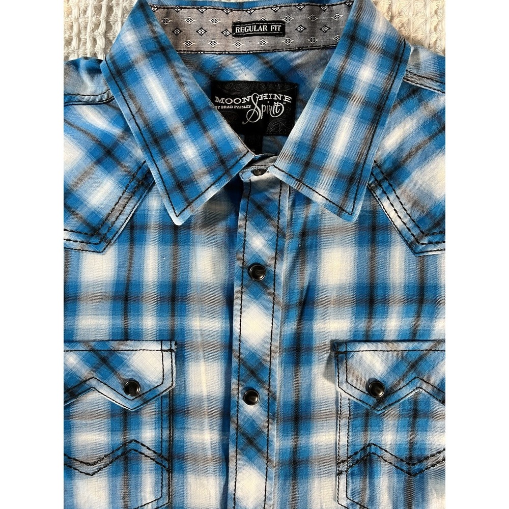 Moon Shine Spirit  Shirt Mens Large Blue Plaid Western Pearl Snap Long Sleeve